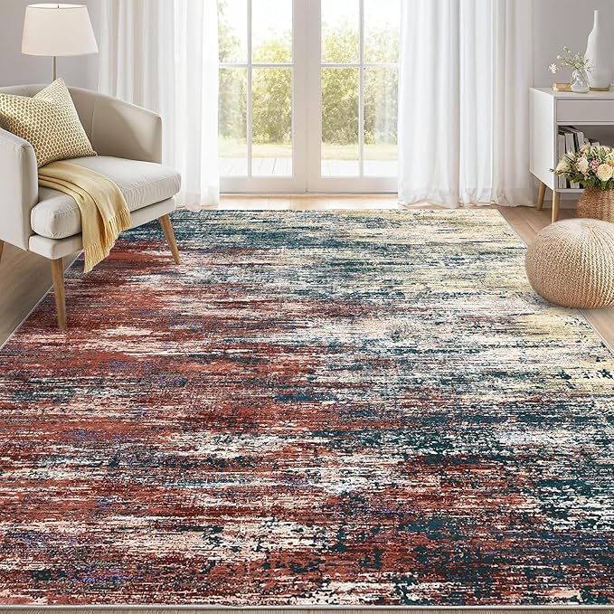 Washable Rug 9x12 Area Rug for Living Room, Non Slip Abstract Rug for Bedroom, Ultra Soft Area Rug, Low Pile Soft Contemporary Indoor Floor Carpet Cover, Red/Multi