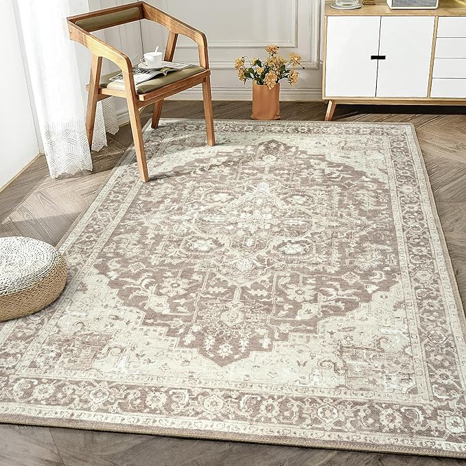 Bloom Rugs Washable Non-Slip 3' x 5' Rug - Light Brown Traditional Medallion Area Rug for Living Room, Bedroom, Dining Room, and Kitchen - Exact Size: 3' x 5'
