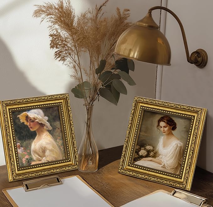 eletecpro 5x5 Picture Frames Set of 2, Vintage Gold Photo Frames with Glass, Display 5x5 Photo for Tabletop or Wall Decor, Gold