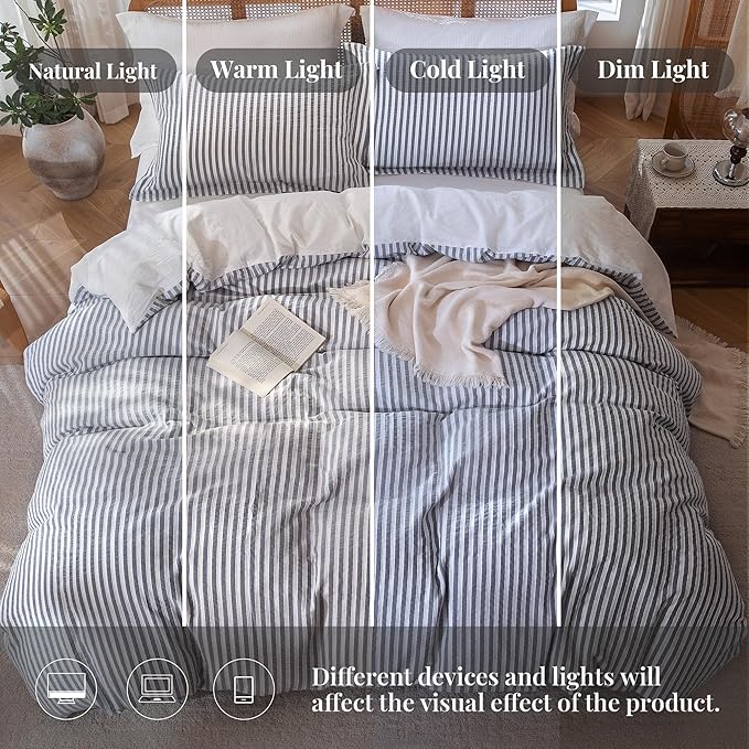 MILDLY Dark Grey Striped Duvet Cover - 100% Washed Cotton Jacquard Boho Textured Comforter Cover 3pcs with Corner Ties Zipper Closure 90"x90"