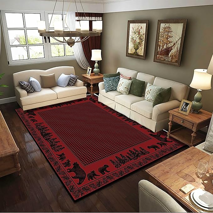 Red and Black Buffalo Plaid Area Rugs, 4x6ft, Rustic Cabin Wildlife Bear Pine Cone Border Accent Rug, Vintage Nordic Lodge Red Floor Rug Non-Skid Carpets for Living Room Bedroom Home Decor