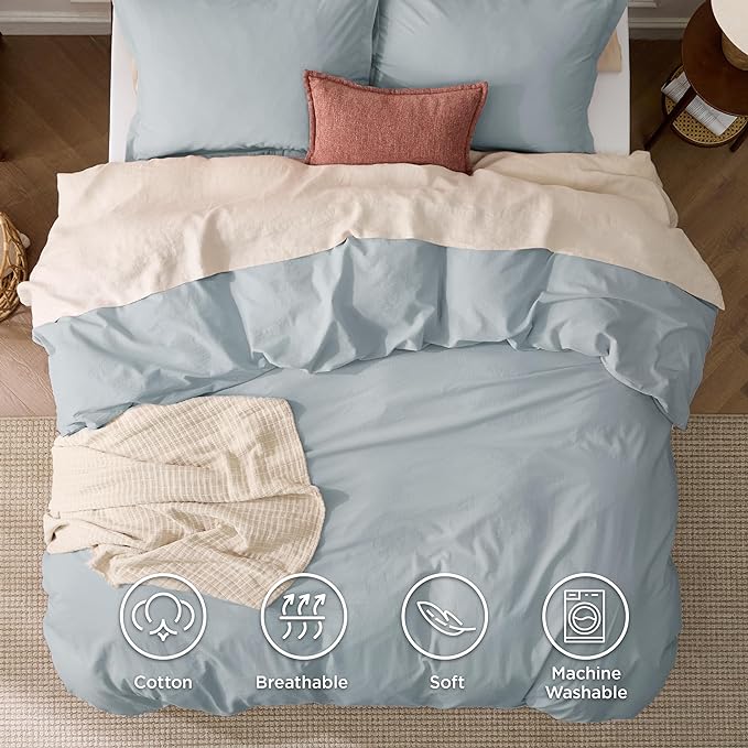 Bedsure 100% Stone Washed Cotton Duvet Cover Queen - Cornflower Blue Minimalist Duvet Cover Linen Like for All Seasons - GentleSoft™ Plain Simple Bedding (Cornflower Blue, Queen, 90"x90")