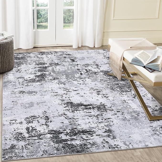 Area Rug 4x6 Washable Rug for Living Room Stain Resistant Carpet Modern Abstract Rugs Ultra Soft Indoor Floor Cover Low Pile Thin Rug for Bedroom Dining Room, Grey