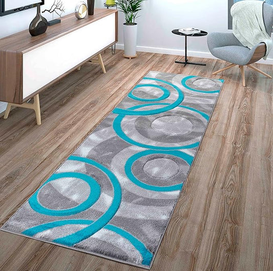 GLORY RUGS Area Rug Modern 2x7 Turquoise Circles Geometry Soft Hand Carved Contemporary Floor Carpet Fluffy Texture for Indoor Living Dining Room and Bedroom Area