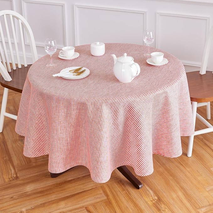 Solino Home Linen Round Tablecloth 70 Inch - Narrow Stripe, 100% Pure Linen Red and White Round Tablecloth - Machine Washable Table Cloth for Christmas