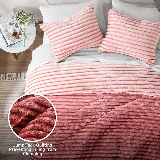Intelligent Design Twin Comforter Set, Plush Bedding, Microfiber Reverse, 2 Piece, Lightweight, Super Soft Ribbed Velvet Comforter 1 Sham, All Season Fluffy Bed Set, Avril, Twin/Twin XL Blush Ombre