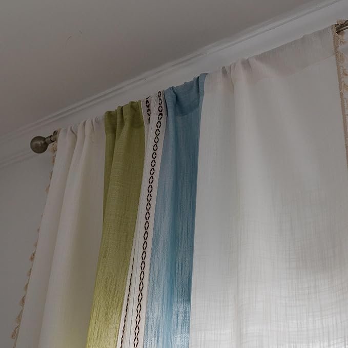 Sutuo Home Boho Curtains 72 inch Length for Bedroom Living Room, Semi Blackout Farmhouse Tassels Window Treatment Bohemian Embroidery Drape, Rod Pocket 1 Panel 52" W x 72" L, Green Blue Striped Linen