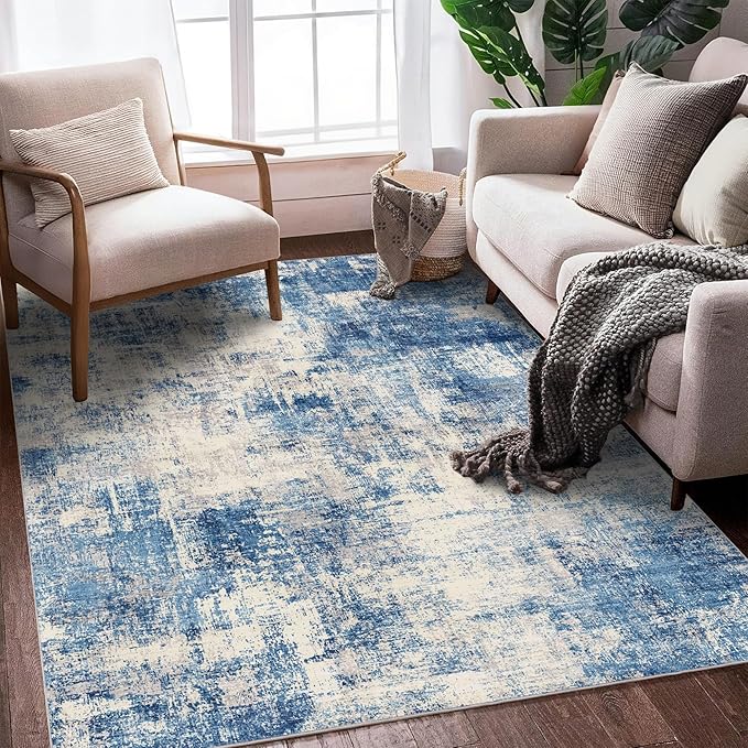 3x5 Modern Abstract Rug Washable Area Rugs for Living Room Bedroom Dining Room Non-Slip Low Pile Neutral Large Rug Soft Indoor Floor Carpet, Blue