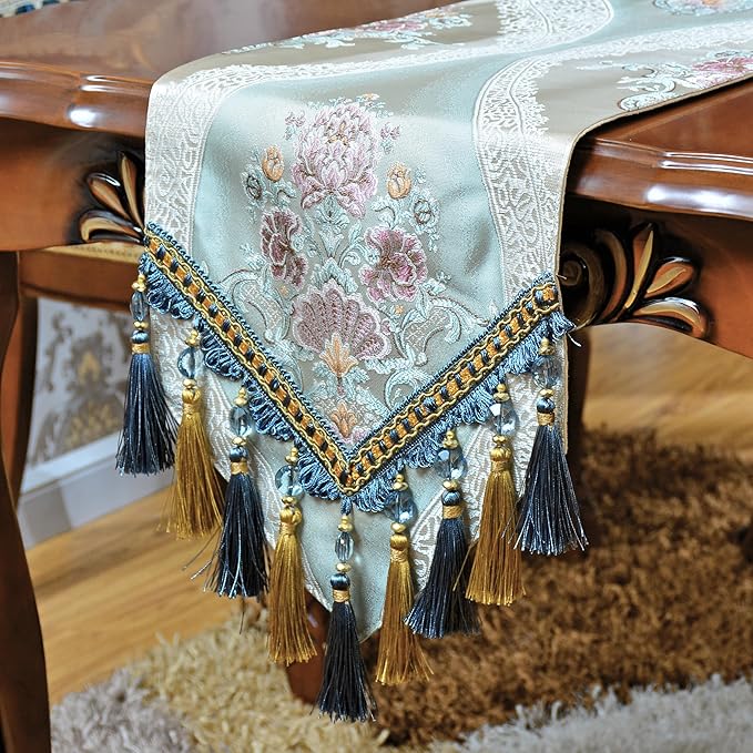 Luxury Velvet Blue Table Runner 72 Inches Long with Vintage Damask Jacquard Design for Dining Room,Living Room,Home Decor,Elegant Beaded Tapestry,Lining (X-Blue, 13×72 inch)