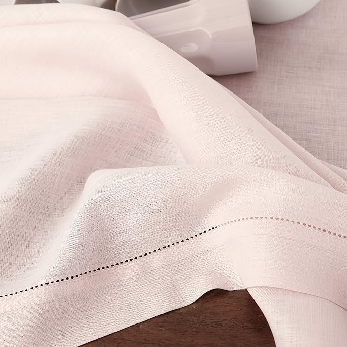 Solino Home Linen Tablecloth 60 x 144 Inch - Classic Hemstitch 100% Pure Linen Pink Table Cloth for Rectangle Tables - Machine Washable Tablecloth