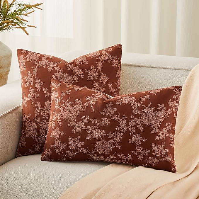 100% Cotton French Pastoral Throw Pillow Covers Set of 2, 12x20 Inch Background/Terracota Farmhouse Decorative Cushion Covers for Sofa Bed Living Room Home Decor