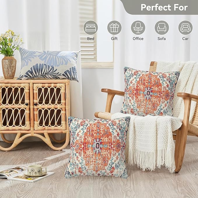 Boho Pillow Covers 18X18 Set of 2, Boho Carpet Decorative Throw Pillow Covers,Vintage Boho Rug Design Pillow Cover Pillowcase Cushion Case for Home Sofa Couch Indoor Outdoor Decorations