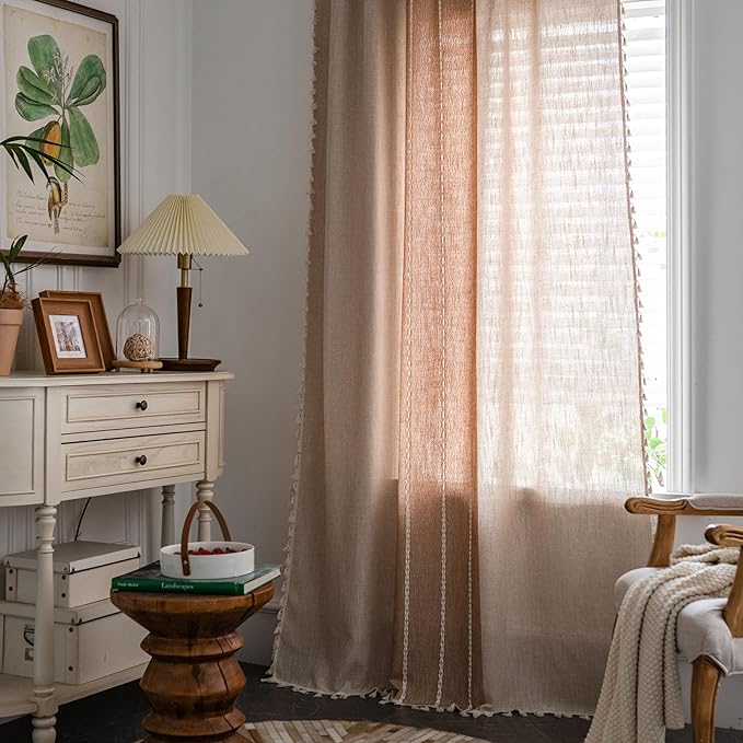 Sutuo Home Boho Curtains 90 inches for Living Room Bedroom, Semi Blackout Linen Farmhouse Shabby Chic Tassel Window Treatment Bohemian Embroidery Drape, Rod Pocket 1 Panel 52" W x 90" L, Coffee Linen