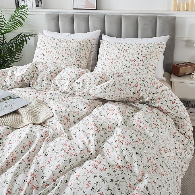 HoneiLife Duvet Cover Queen Size - Cotton Comforter Cover Floral Duvet Cover Sets 3-PC, Soft & Breathable Duvet Cover with Zipper Closure & Corner Ties, Wildflower Comforter Cover Sets, Red Bean