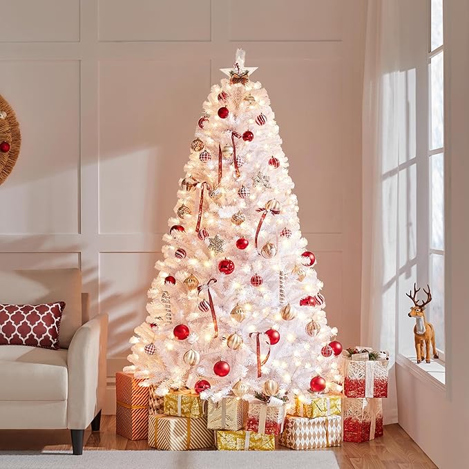 Yaheetech 6ft Pre-lit Spruce Artificial Hinged Christmas Pine Tree Prelighted Holiday Xmas Tree for Home Party Decoration with 300 Warm White Lights and 818 Branch Tips, White