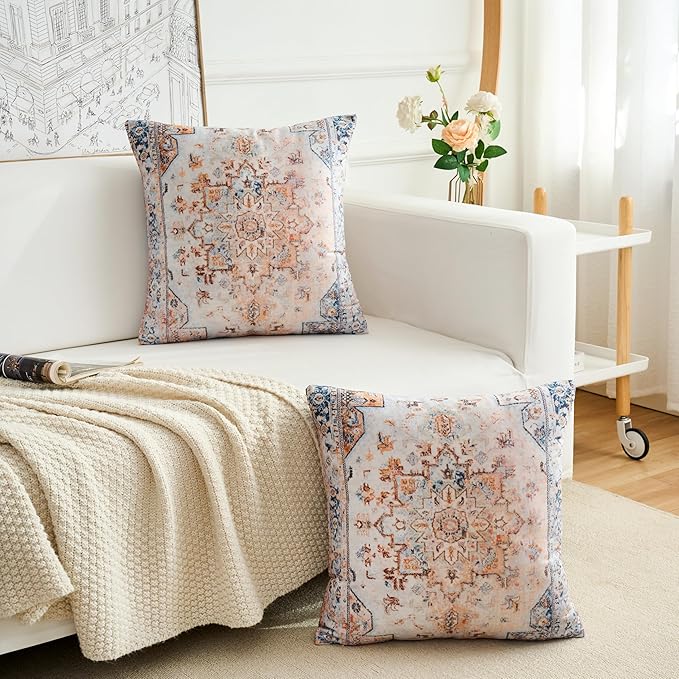 Boho Throw Pillow Covers 18x18 inch Set of 2,Boho Vintage Carpet Pattern Antique Ethnic Decor Double Sided Pattern Cushion Cover Soft Pillow Case Living Sofa Room Bed Square Pillow Cover