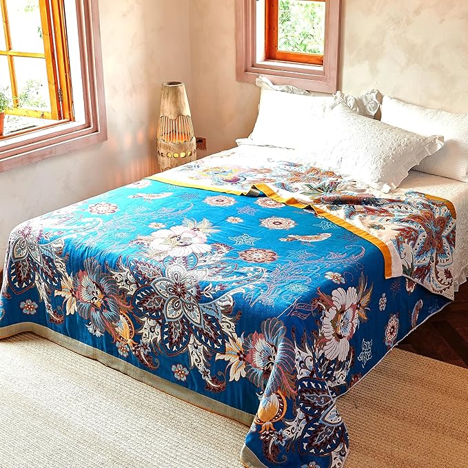 Boho Throw Blanket, 100% Organic Cotton Breathable Skin-Friendly Ultra Soft Bed Quilt Throw - All Season Floral Bird Farmhouse Décor Luxury Blanket for Sofa Couch Chair and Gift. 91" x 98"