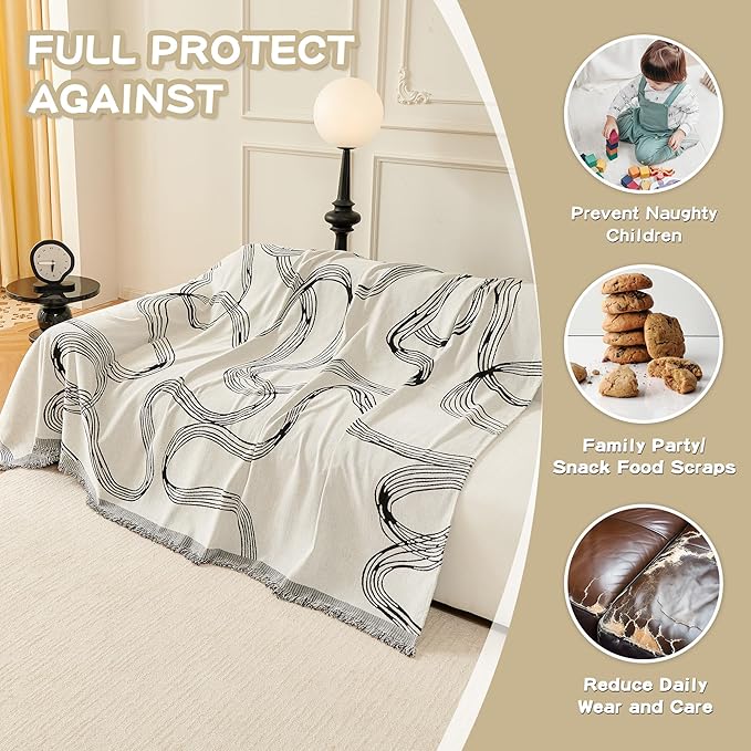 MEETSKY Boho Couch Cover Sofa Covers, Chenille Black Line Couch Covers for 2 Cushion Couch Sofa for Dogs, Washable Slipcover for Cat Sofa Protector with Tassels,71" x 118"