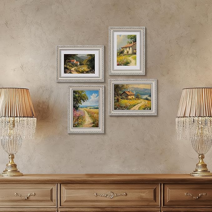 eletecpro 5x7 Picture Frames Set of 2, Vintage Photo Frames with Real Glass, Displays 4x6 Photo with Mat or 5x7 without Mat for Tabletop or Wall Decor, Silver Beige