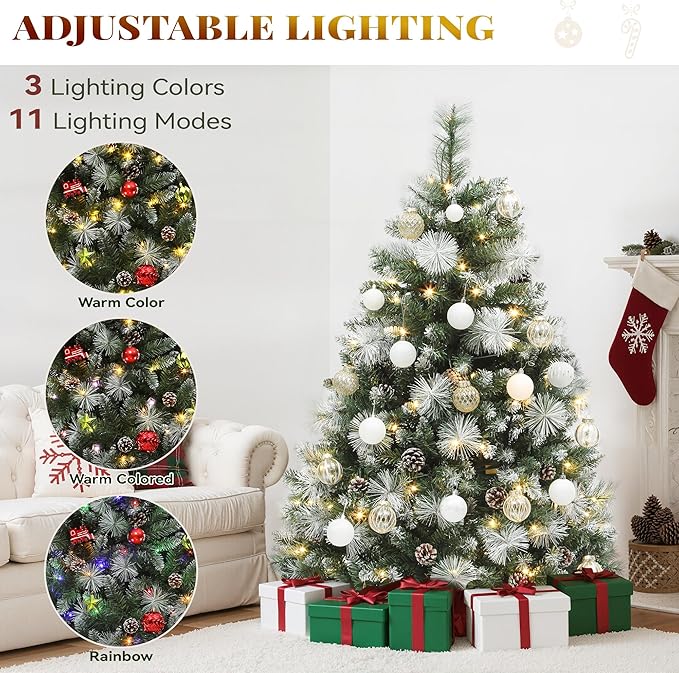 YITAHOME 4.5ft Prelit Scotch Pine Christmas Tree with Remote Control, Pre-Decorated Frosted Christmas Tree with Pine-Cones & Needles, Warm White/Multicolor Changing Lights for Home/Office