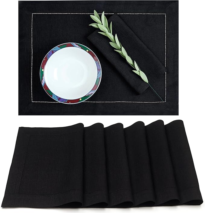 D'Moksha Homes Linen Placemats Set of 6 - Classic Hemstitch Black Placemats 14 x 19 Inch - 100% Pure Linen Table Mats for Winter, Christmas, Holiday - Handcrafted and Machine Washable