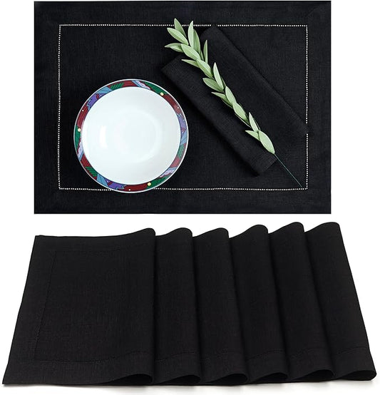 D'Moksha Homes Linen Placemats Set of 6 - Classic Hemstitch Black Placemats 14 x 19 Inch - 100% Pure Linen Table Mats for Winter, Christmas, Holiday - Handcrafted and Machine Washable