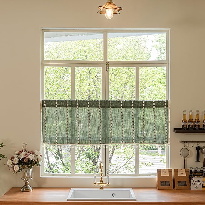 Sutuo Home Olive Green Boho Short Curtains Valance with Tassles, Bohemian Linen Light Filtering Vintage French Country Christmas Window Treatment Embroidery Drape, Rod Pocket 1 Panel 52" W x 18" L