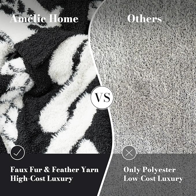 Amélie Home Cable Knit Throw Blanket for Couch, Bicolour Super Soft Fuzzy Blanket for Sofa, Luxury Cozy Fluffy Throw for Room Decor, 50" x 60", Cable Black & White