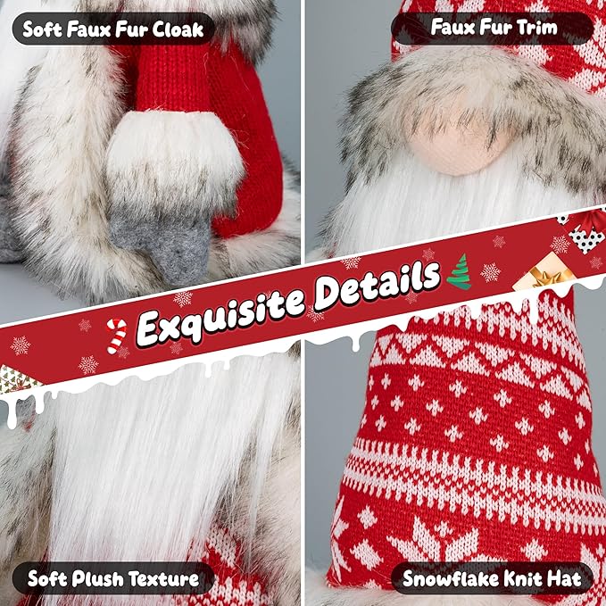 Gnomes Christmas Decorations - Red Plush Holiday Gnome Figurine with Faux Fur Cloak, Cute Nordic Tabletop Accent for Mantel, Shelf, Office or Festive Idea