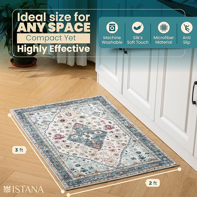 Istana 2 X 3 Area Rugs Indoor - White Cream/Blue Rugs for Bedroom - Foldable Boho Rugs for Living Room - 2x3 Area Rug - Anti-Slip Under Dining Table Rug - 2x3 Non Slip Rug W/Soft Microfiber