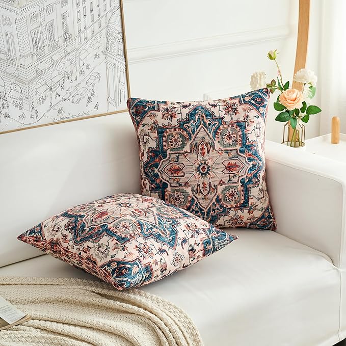 Boho Throw Pillow Covers 18x18 inch Set of 2,Boho Vintage Carpet Pattern Antique Ethnic Decor Double Sided Pattern Cushion Cover Soft Pillow Case Living Sofa Room Bed Square Pillow Cover