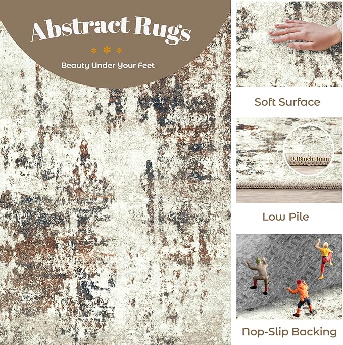 Living Room Rug 6x9 Rug, Machine Washable Modern Abstract Rug Soft Neutral Area Rug Non-Slip Stain Resistant Large Rugs for Living Room Dining Room Bedroom Dorm Office(Brown,6'x9')