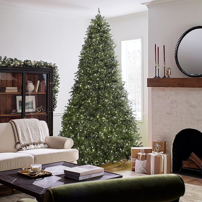 National Tree Company 10 ft Pre-Lit Dunhill Fir Artificial Christmas Tree, 1,200 LED Lights, 5,090 Tips, PowerConnect, Foot Pedal, 10 Light Functions, Includes Stand, Green