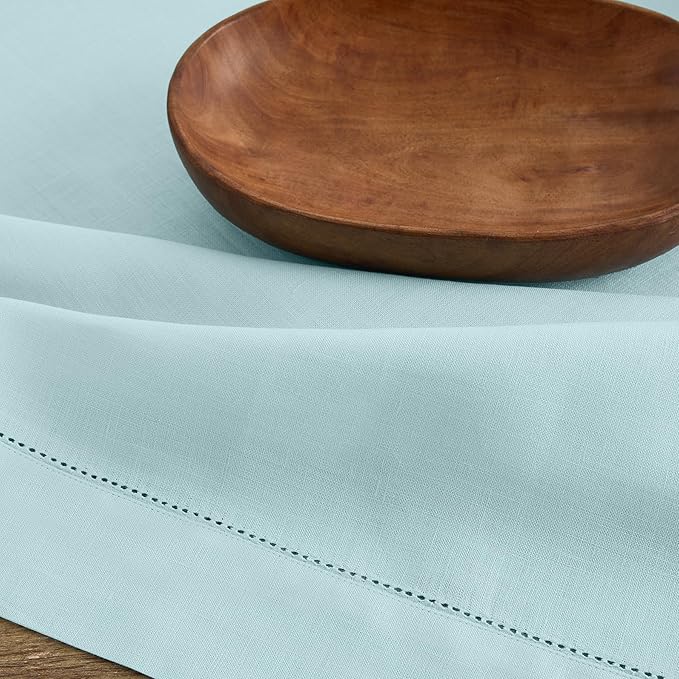 Solino Home Linen Tablecloth for Rectangle Tables 60 x 120 Inch - Classic Hemstitch 100% Pure Linen Aqua Blue Table Cloth - Machine Washable Cloth Tablecloth for Christmas, Holiday