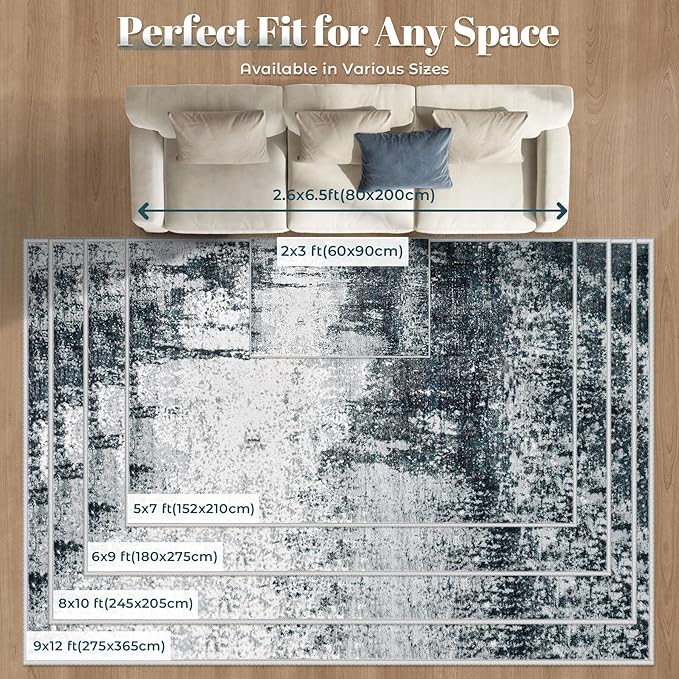 9x12 Area Rugs Washable Rug, Soft Modern Abstract Rugs for Living Room Large Low Pile Thin Rug Non Slip Indoor Neutral Carpet for Bedroom Dining Room Farmhouse Office Kids Playroom Black Grey Blue