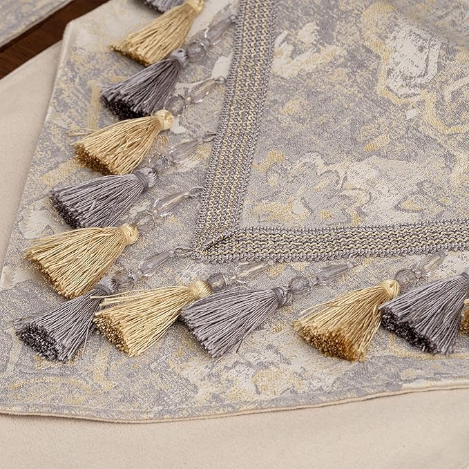 Loom and Mill Luxury Table Runner 90 inches Long, Elegant Damask Jacquard Table Runners with Handmade Multi-Tassels for Dining Room Dresser Party Holiday Banquet Decoration(Beige, 13x90 inch)