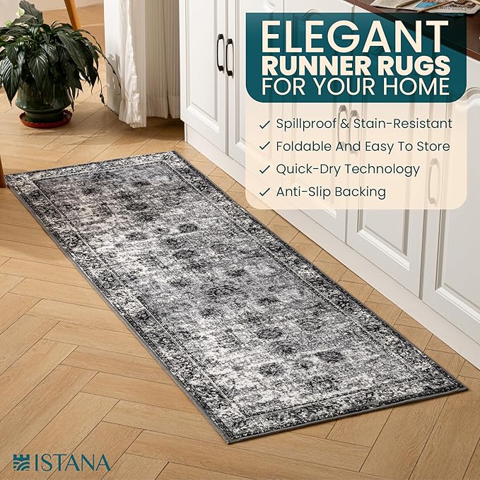 Istana Hallway Runner Rug 2x6 - Dark Grey Kitchen Rugs Non Slip Washable -Silk's Soft Touch Carpet Runner - Stylish Rug for Home