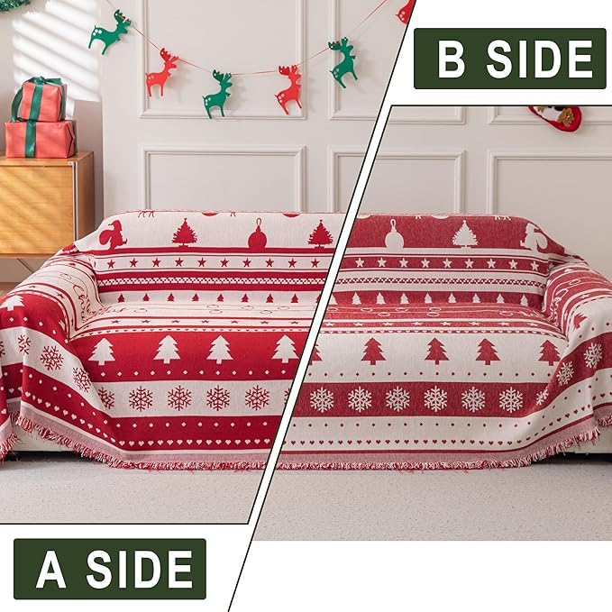 Christmas Couch Cover, Red Sofa Covers for 3 Cushion Couch, L Shape Sectional Protector for Dogs Washable, Reversible Throw Blanket Slipcover, Christmas Chair Decorations Gifts(71"x118", Red)
