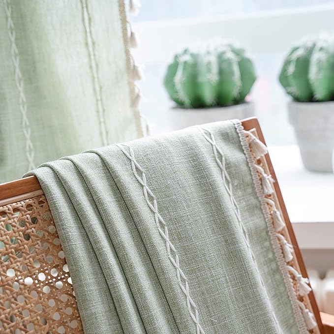 Sutuo Home Boho Curtains for Bedroom Living Room 63 Inch Length, Light Filtering French Country Farmhouse Vintage Chic Tassels Window Treatment Bohemian Drape, 1 Panel 52" W x 63" L, Sage Green