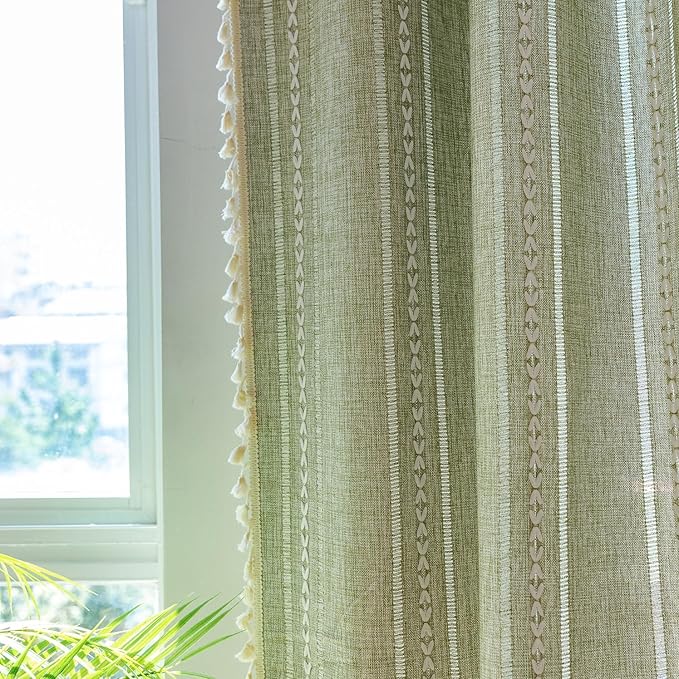 Sutuo Home Green Boho Curtains 102 inches Long for Bedroom Living Room Nursery Room, Semi Blackout Linen Farmhouse Tassels Window Treatment Bohemian Embroidery Drape, Rod Pocket 1 Panel 52" W x 102" L