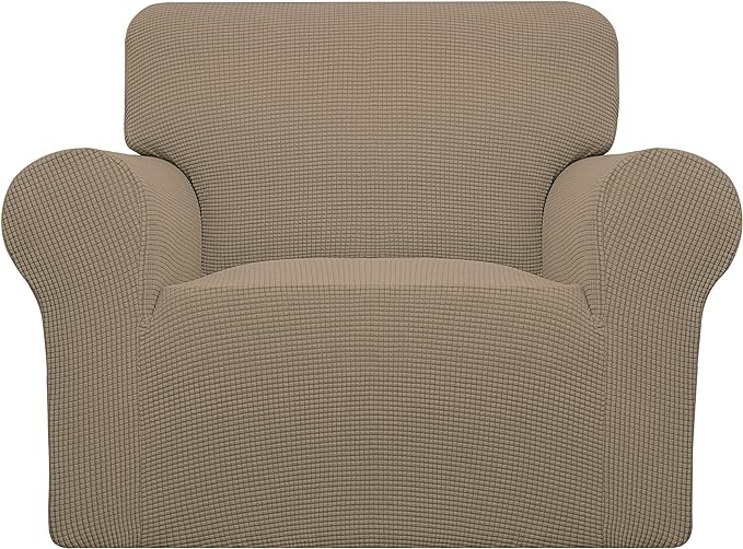 Easy-Going Stretch Chair Sofa Slipcover 1-Piece Couch Sofa Cover Furniture Protector Soft with Elastic Bottom for Kids, Pet. Spandex Jacquard Fabric Small Checks (Chair, Natural)