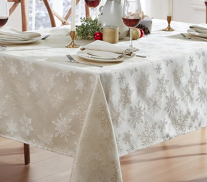 Newbridge Fancy Metallic Snowflake Christmas Fabric Tablecloth, 60 x 84 Inch Rectangle, Ivory Gold, No-Iron Soil Resistant Sparkling Snowflakes Woven Holiday Table Cover