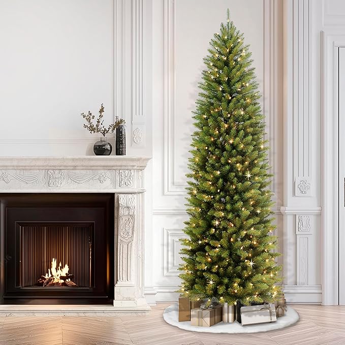 Puleo International 9ft Pre-Lit Slim Fraser Fir Christmas Tree with 550 Clear Lights, 1828 Realistic Dense Branch Tips, Easy Setup Artificial Trees with Sturdy Metal Stand