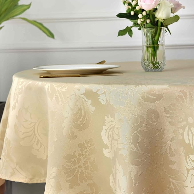 maxmill Jacquard Round Table Cloth Damask Design Waterproof Antiwrinkle Heavy Weight Soft Tablecloths for Circular Table Cover and Kitchen Dinning Tabletop Round 70 Inch Beige