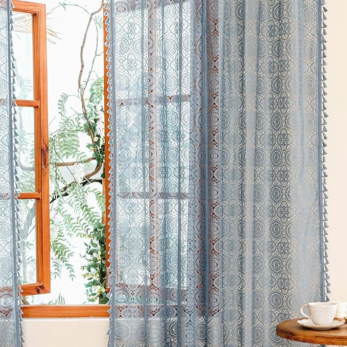 YJ YANJUN Dusty Blue Sheer Curtains -54 Inch Length, Vintage Short Crochet Lace Curtains for Bedroom, Bathroom & Basement, Light Filtering Rustic Farmhouse Boho Kitchen Decor,2 Panles W59 x L54
