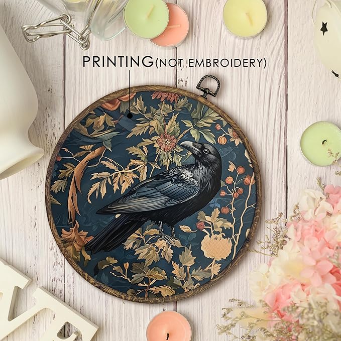 KFXHANGD Vintage Raven Crow Round Wall Art Framed, Raven Botanical Wall Art, Cottagecore Crow Canvas Wall Art Decor,Gothic Mid Century Dark Raven Hanging Wall Decor for Bathroom Living Room, 10x10In