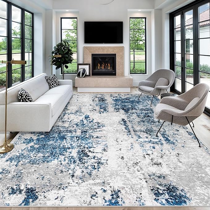 Living Room Rug 10x14 Rug, Machine Washable Modern Abstract Rug Soft Neutral Area Rug Non-Slip Stain Resistant Large Rugs for Living Room Dining Room Bedroom Dorm Office(Grey Blue,10'x14')