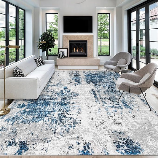Living Room Rug 10x14 Rug, Machine Washable Modern Abstract Rug Soft Neutral Area Rug Non-Slip Stain Resistant Large Rugs for Living Room Dining Room Bedroom Dorm Office(Grey Blue,10'x14')