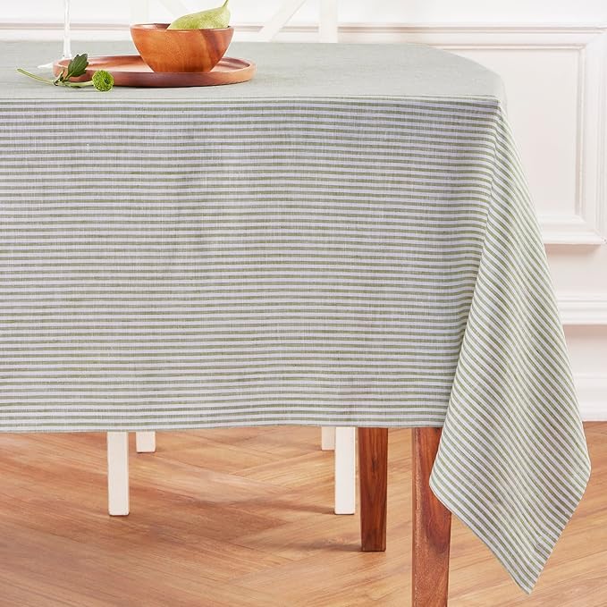 Solino Home Linen Striped Tablecloth 60 x 90 Inch - 100% Pure Linen Avocado and White Table Cloth for Rectangle Tables - Narrow Stripe, Machine Washable Tablecloth for Thanksgiving, Christmas, Winter