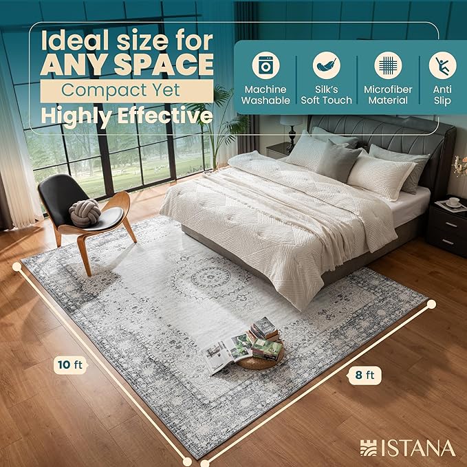 Istana 8x10 Area Rug - Grey/Gold 8x10 Rugs for Living Room - Foldable Rugs for Bedroom - Stain Resistant Washable Rug - Eco-Friendly Area Rugs - Easy to Clean Living Room Rug